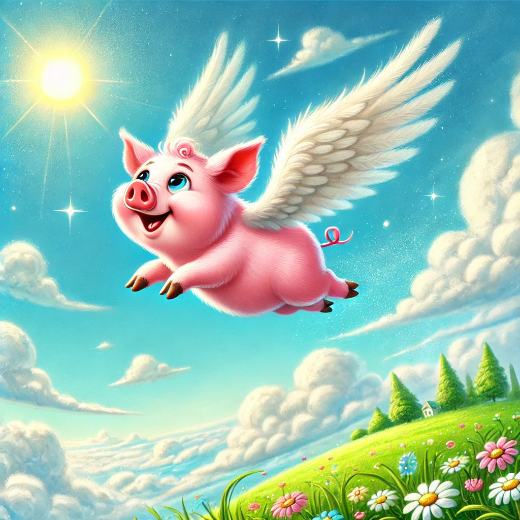 DALL·E 2024-10-27 15.36.48 - A whimsical scene of a flying piggy, soaring through a bright blue sky with fluffy white clouds. The piggy has small, feathery wings and a joyful expr